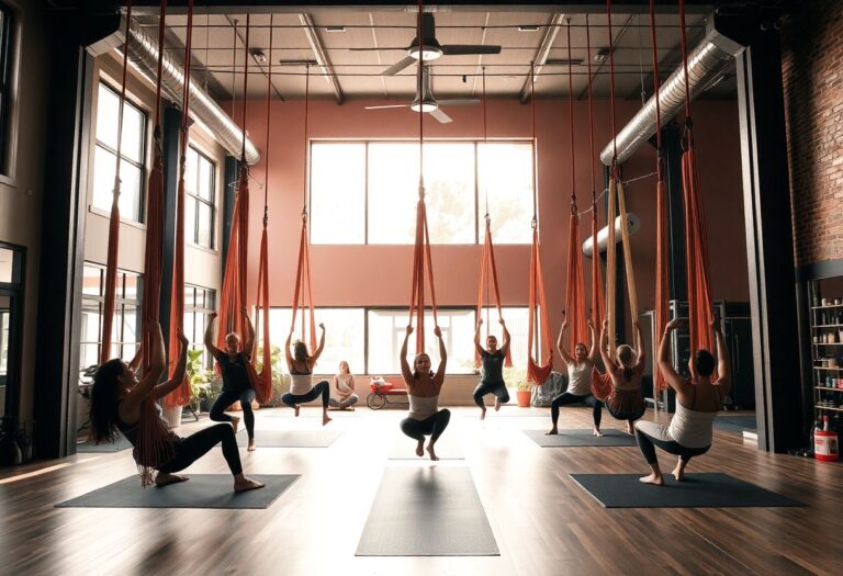 Modern gym with aerial hammocks.