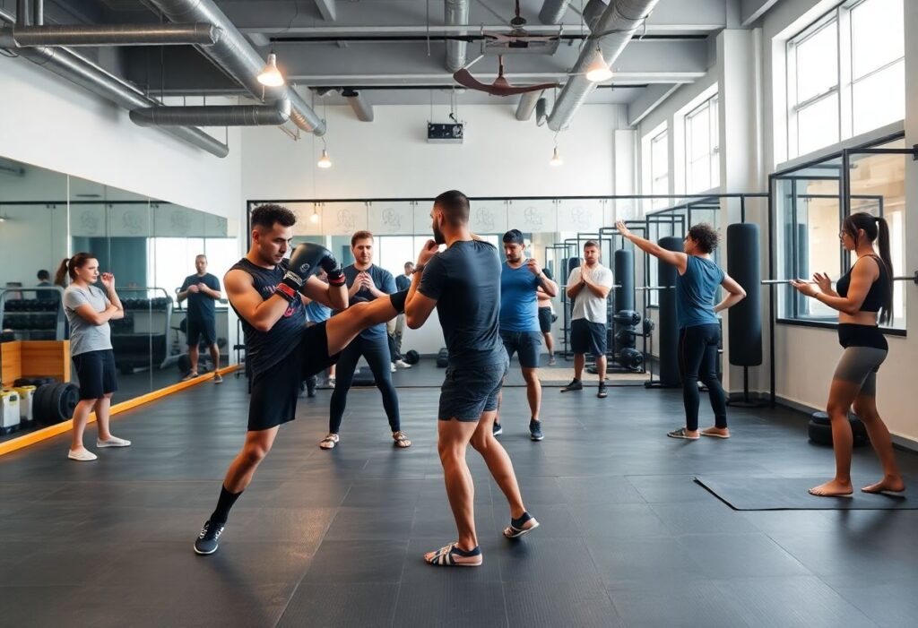 A modern gym with a community atmosphere, featuring various fitness activities.