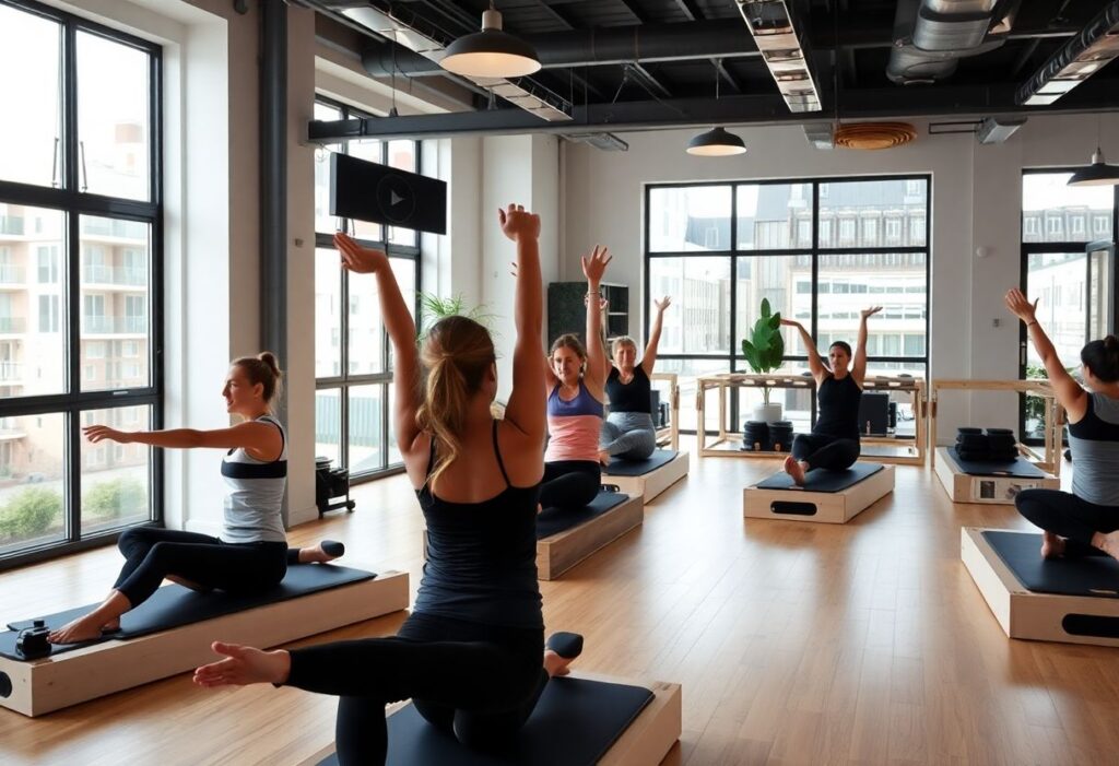 Group Pilates session in a modern Tel Aviv gym with a community atmosphere.