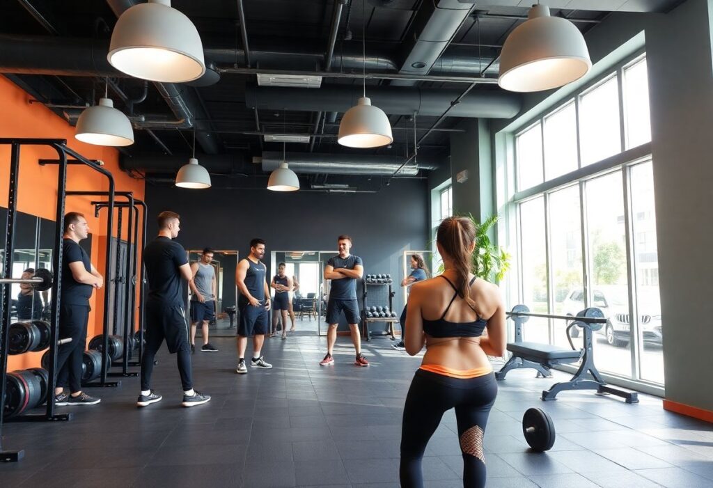 Modern gym studio with personal training in a vibrant community setting.