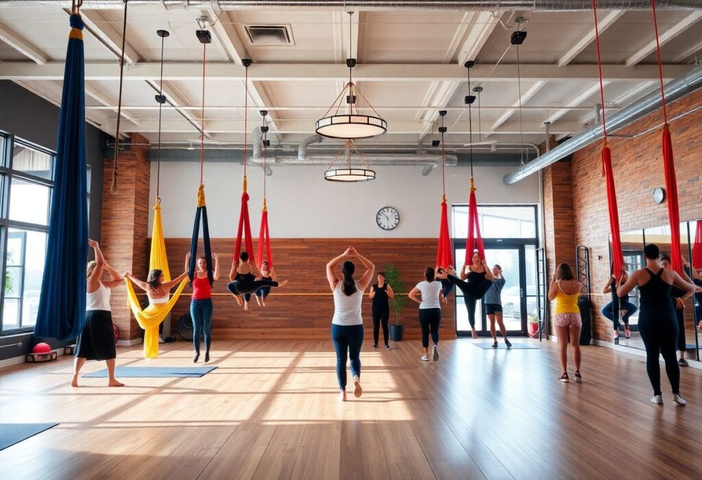 Modern gym with aerial yoga hammocks