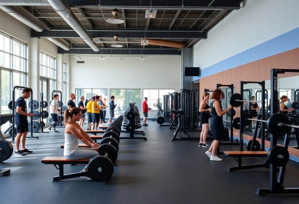 Modern gym with community atmosphere and free weights training