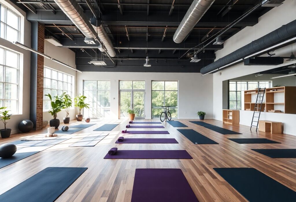 Modern gym with yoga and workout spaces