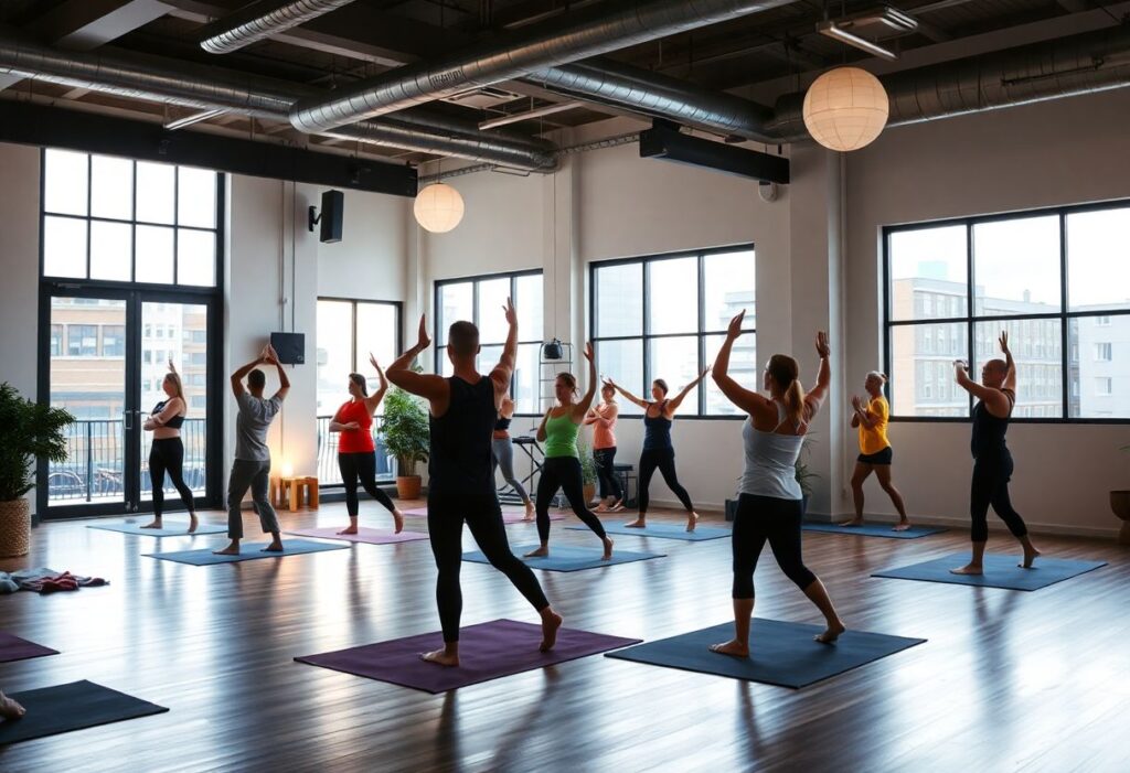 A community-based gym in an urban setting with people doing yoga.
