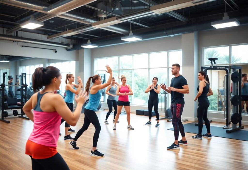 A vibrant fitness studio with a group HIIT session