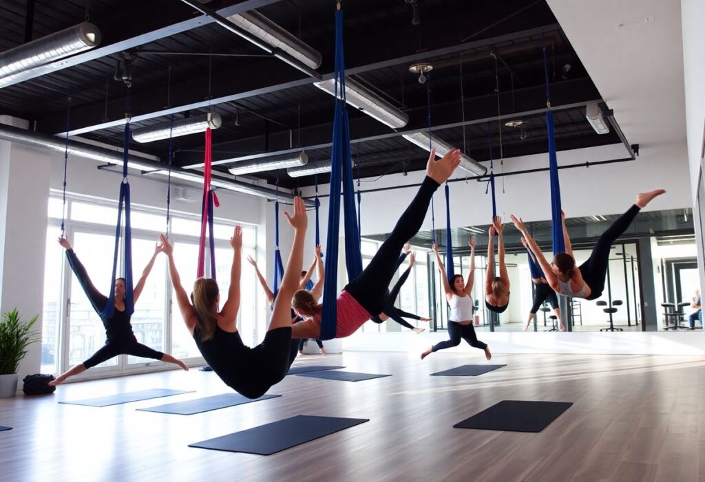 Aerial yoga class in a modern Tel Aviv gym