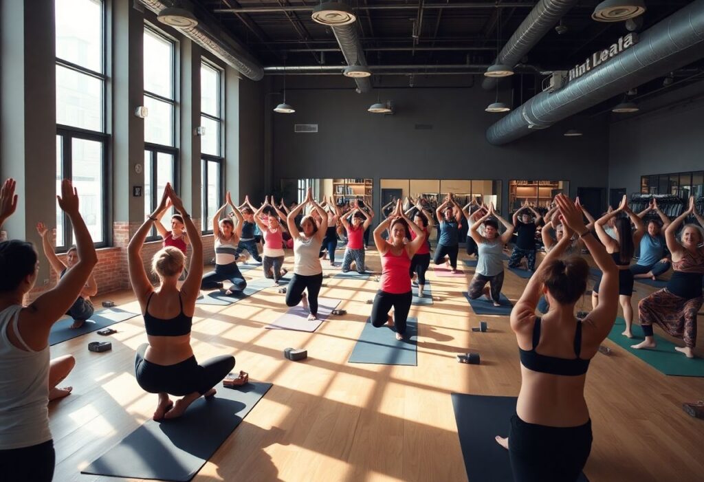Modern gym in Tel Aviv with a community yoga class