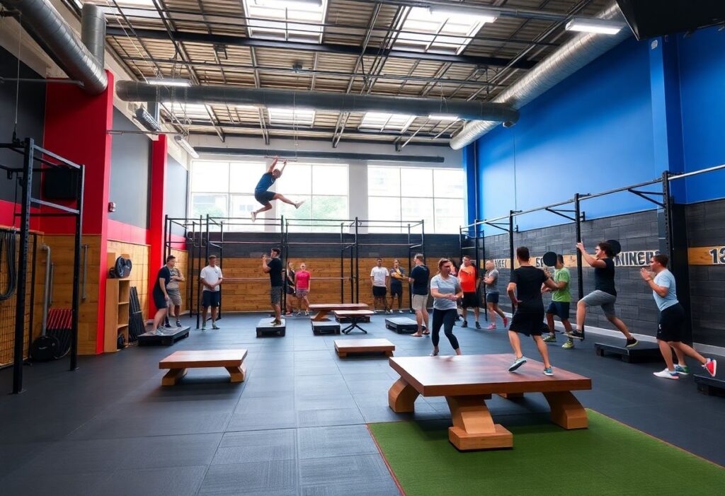 Modern gym with a ninja training section and a social atmosphere