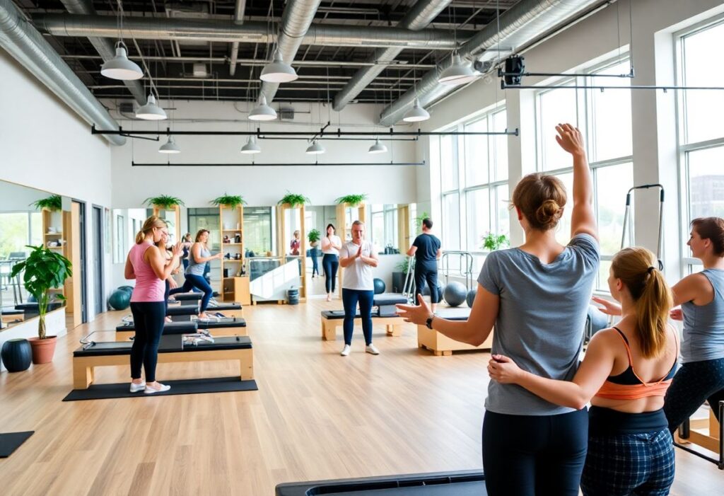 Modern gym with community Pilates session