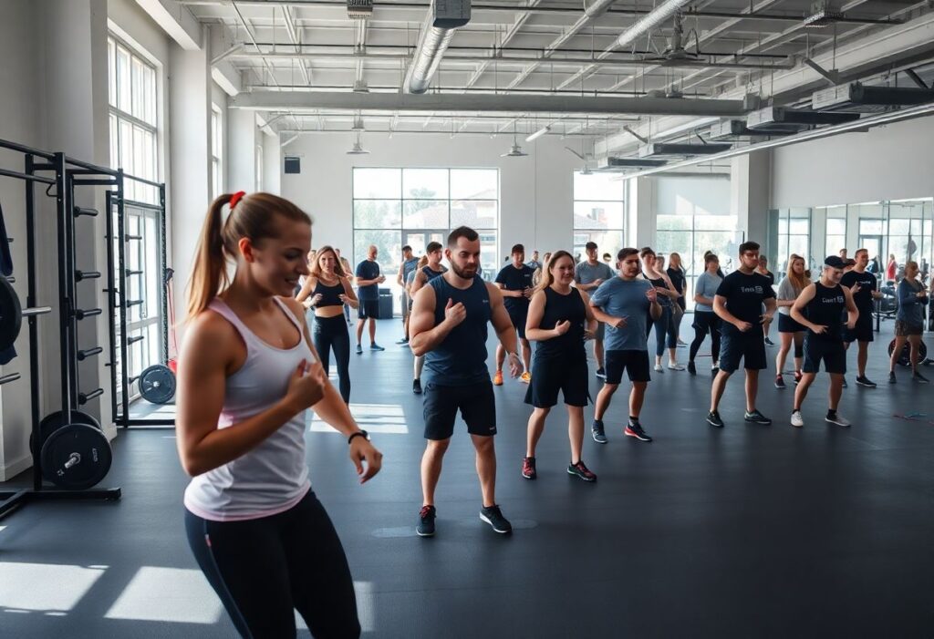 Modern gym with people doing HIIT training