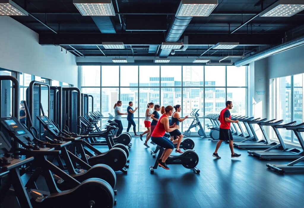 Modern gym with people doing HIIT workouts