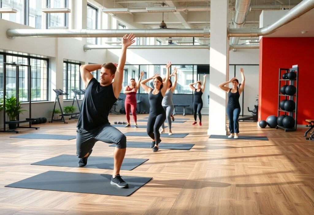 Modern gym with people stretching after a core workout.