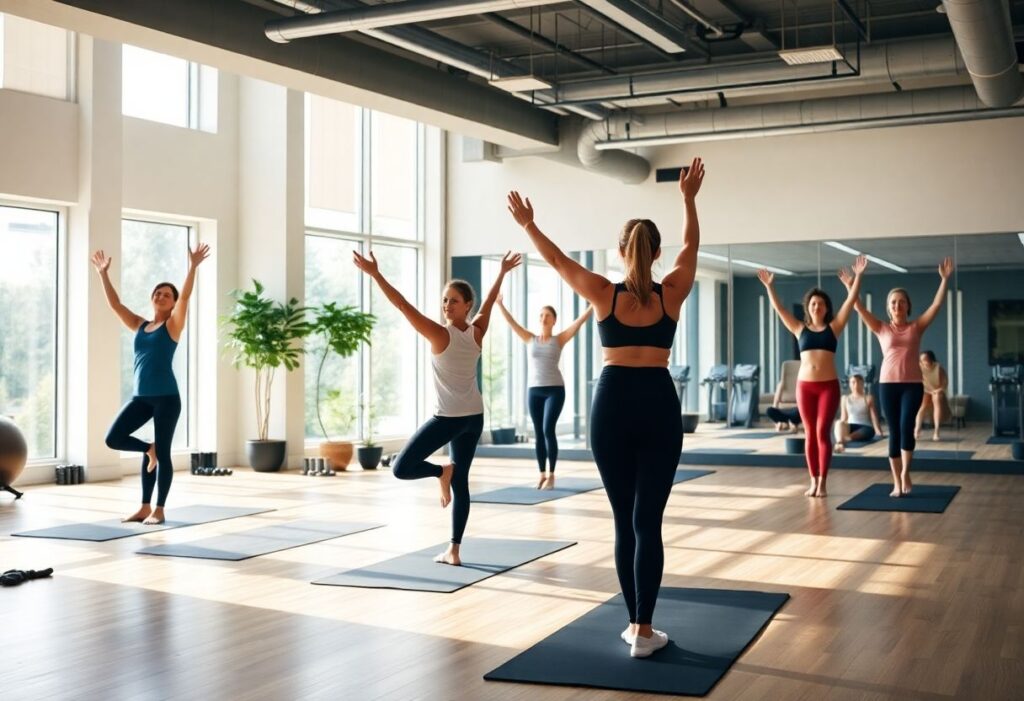 Modern yoga class in a community gym