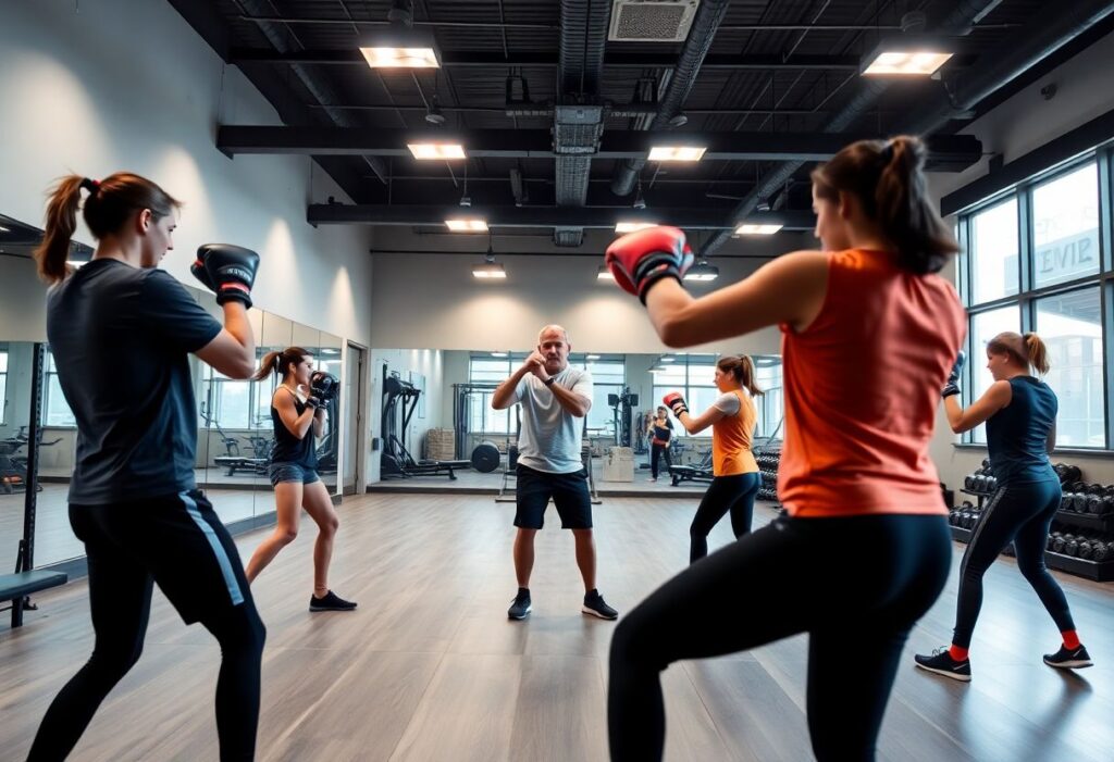 People training kickboxing in a modern gym with a community atmosphere