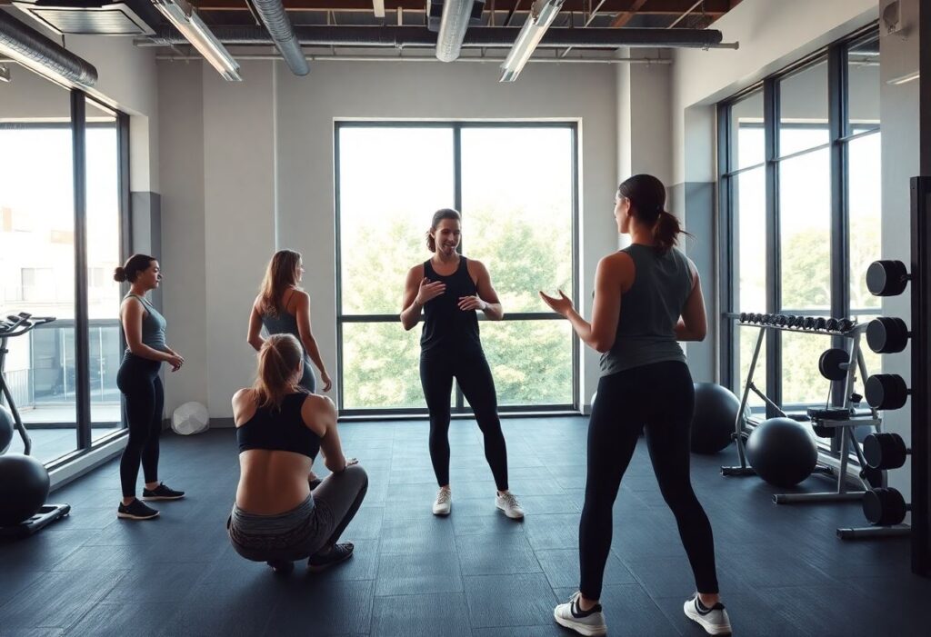 Small group workout in a modern gym studio with a friendly atmosphere