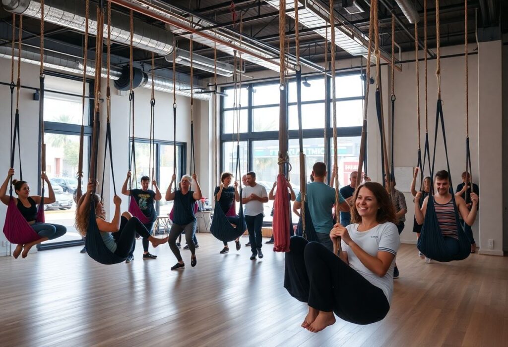 Aerial hammock training in a lively and modern urban gym