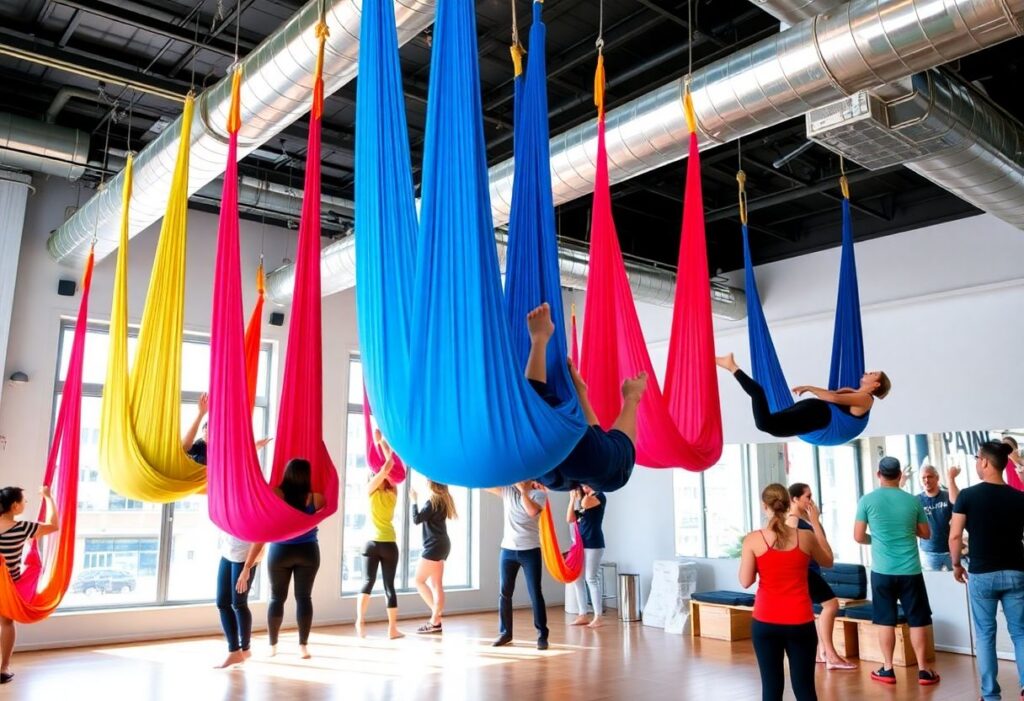 Aerial hammock workout in a vibrant gym setting