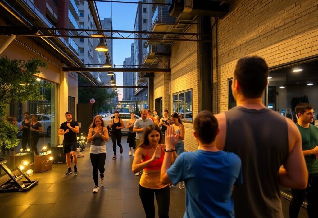 Evening HIIT session at a community gym in Tel Aviv
