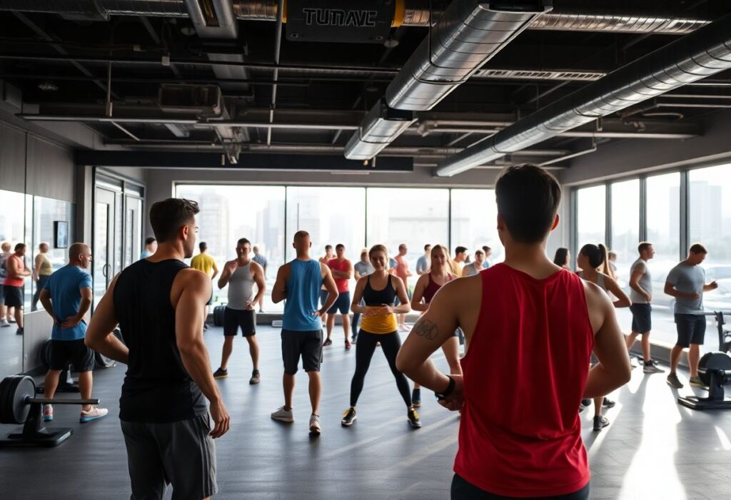 Modern HIIT workout class at a vibrant gym in Tel Aviv