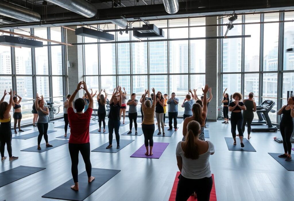 Modern gym with communal stretching area in Tel Aviv
