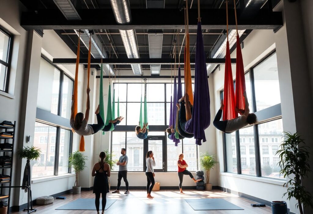 Modern urban gym studio with aerial hammocks