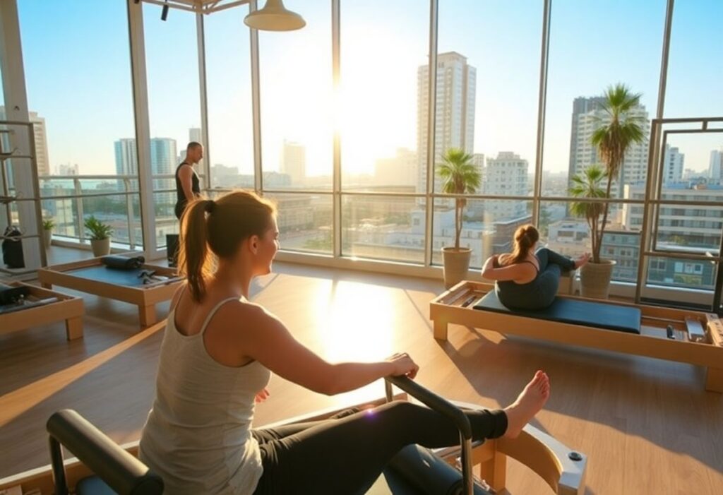 Pilates reformer area in a modern community gym