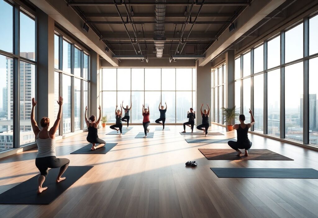 Urban gym yoga session with peaceful community atmosphere