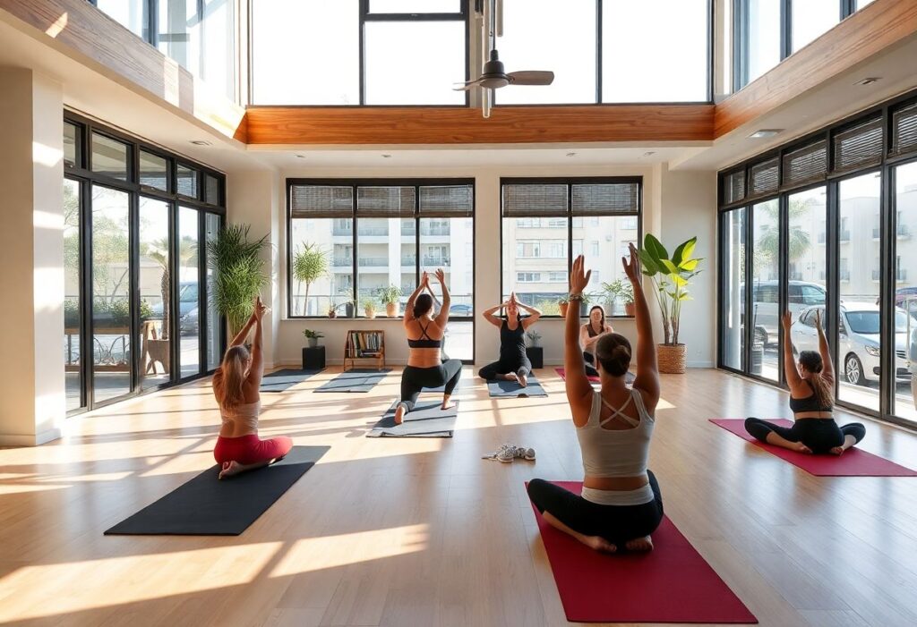 Yoga session in a community-focused fitness club in Tel Aviv
