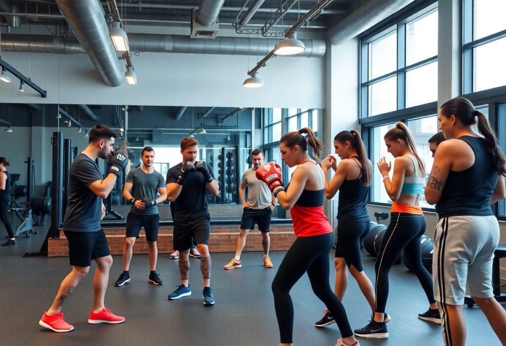 Kickboxing class in modern Tel Aviv gym with community vibe