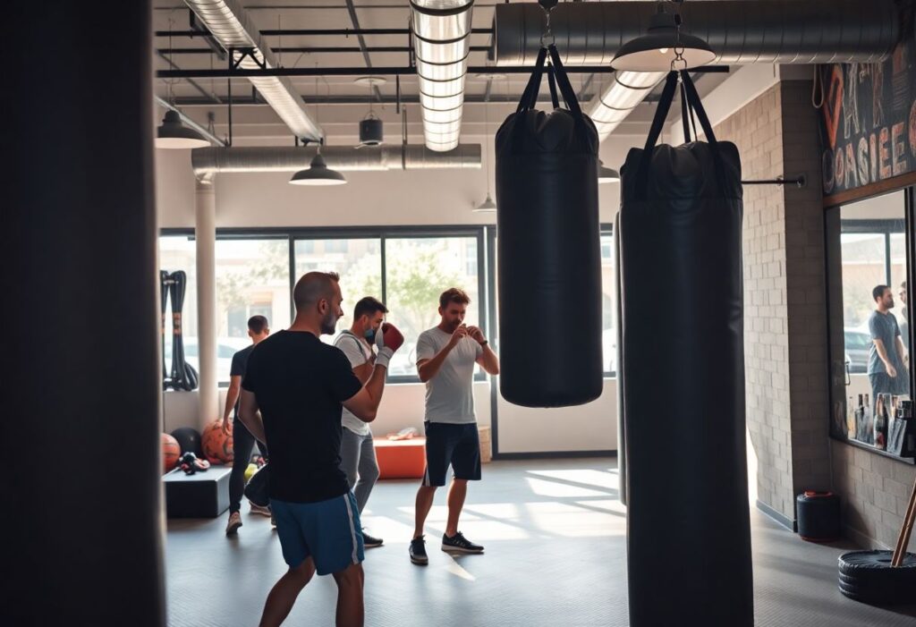 Modern gym with community kickboxing class