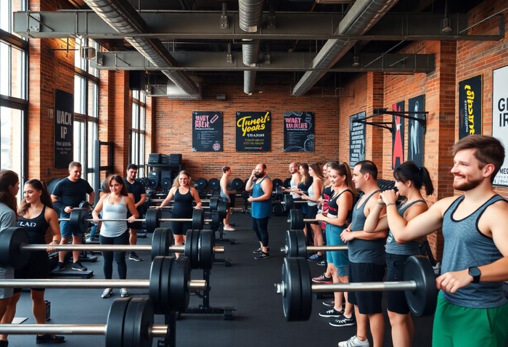 Modern gym workout area with people training with free weights in a friendly environment