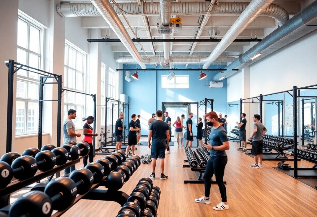 People working out with free weights in a modern community gym in Tel Aviv