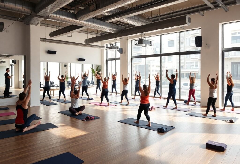 Yoga class in a modern community gym