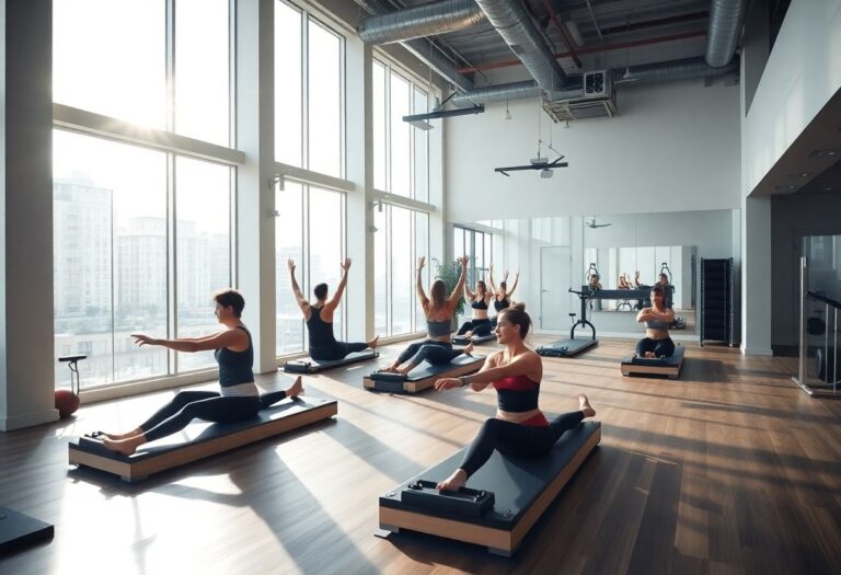 Morning Pilates class in a vibrant community gym